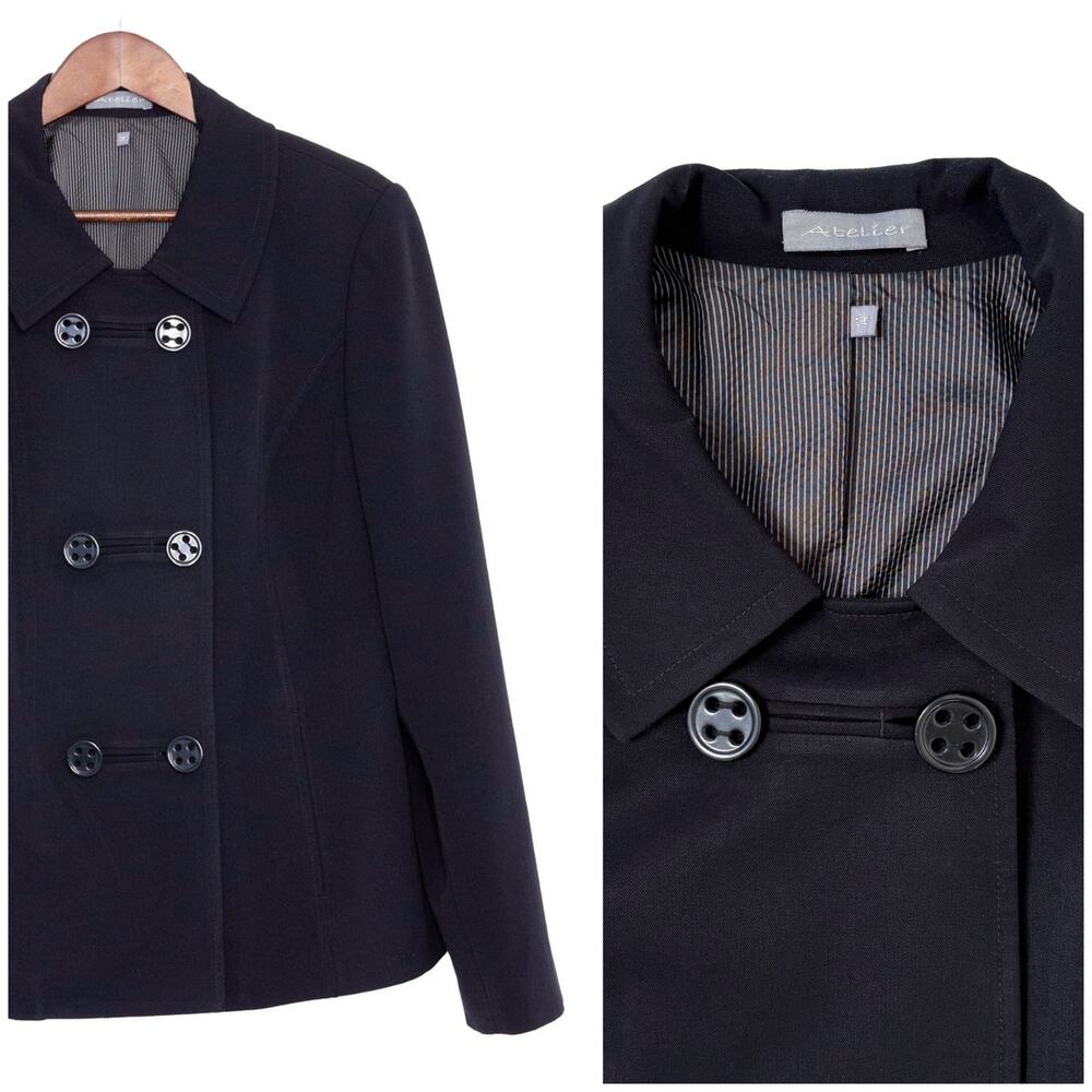 Atelier Double Breasted Pea Coat Womens L 12-14 Black Short Spring Jacket Blazer